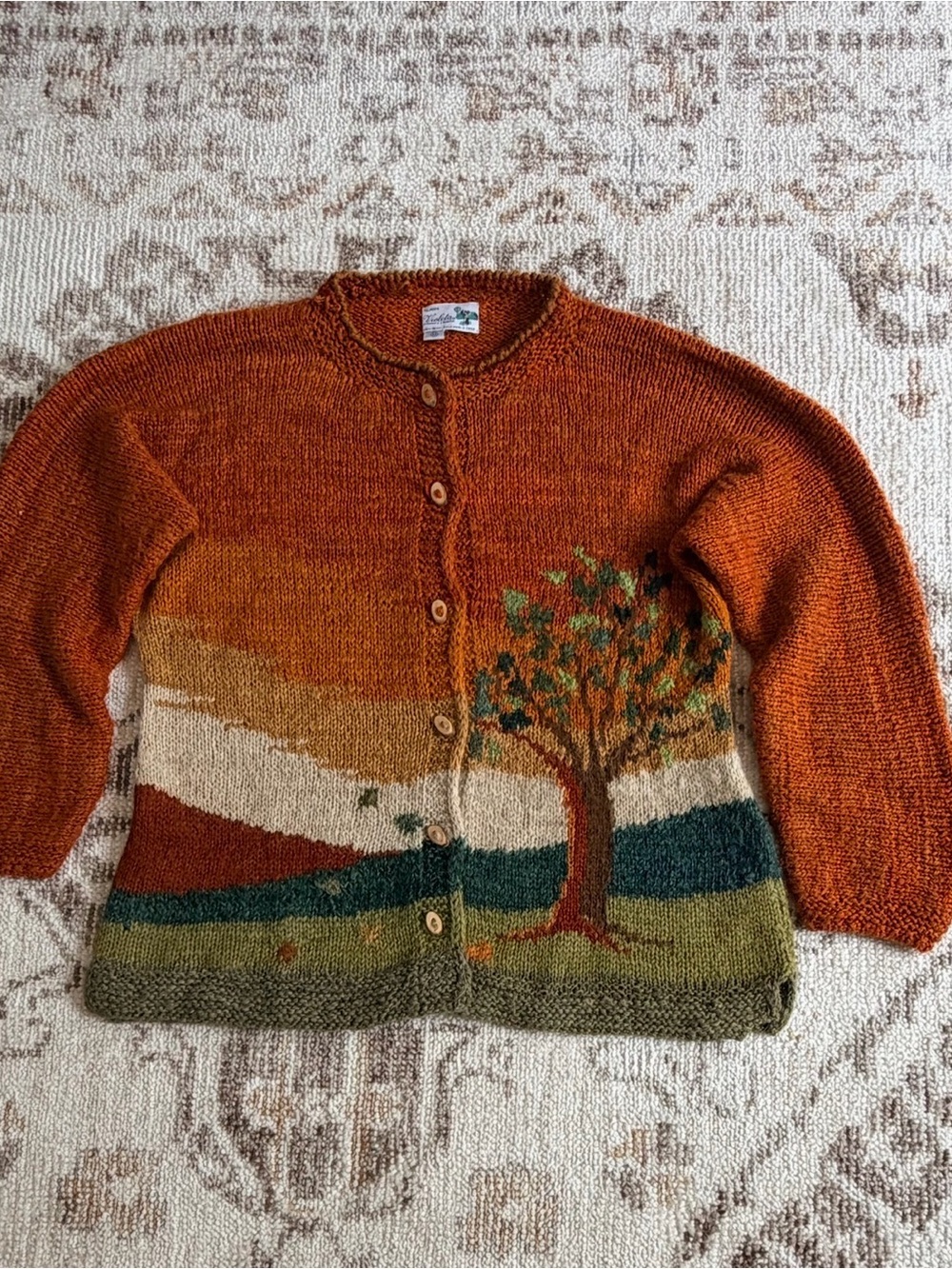 Tejidos Violeta 100% Alpaca Hand Knit Scenic Tree Cardigan Sweater M Chile